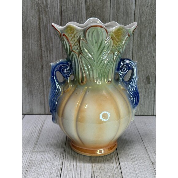 Vintage Lusterware Vase Art Pottery Floral Double Handle 9" - Made in Brazil - Picture 3 of 13